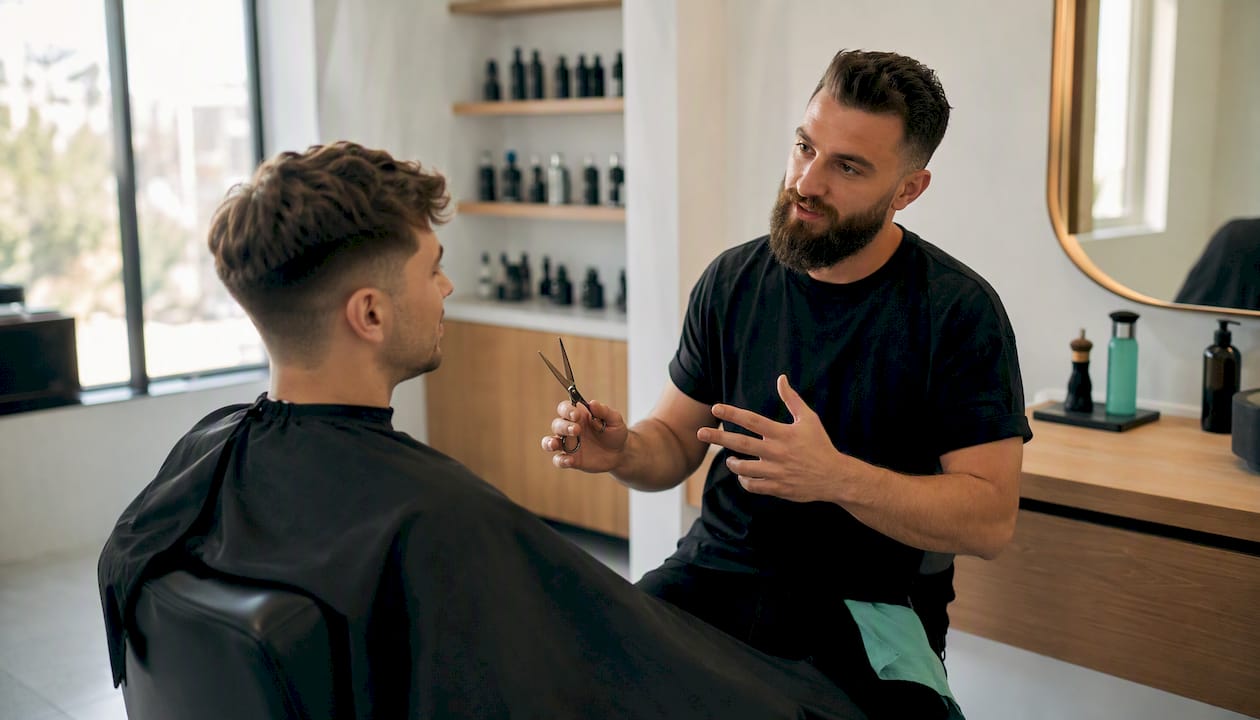 Barber sa rozpráva so zákazníkom o tom, či by mu pristal účes typu ježko a ako by ho mohol nosiť.