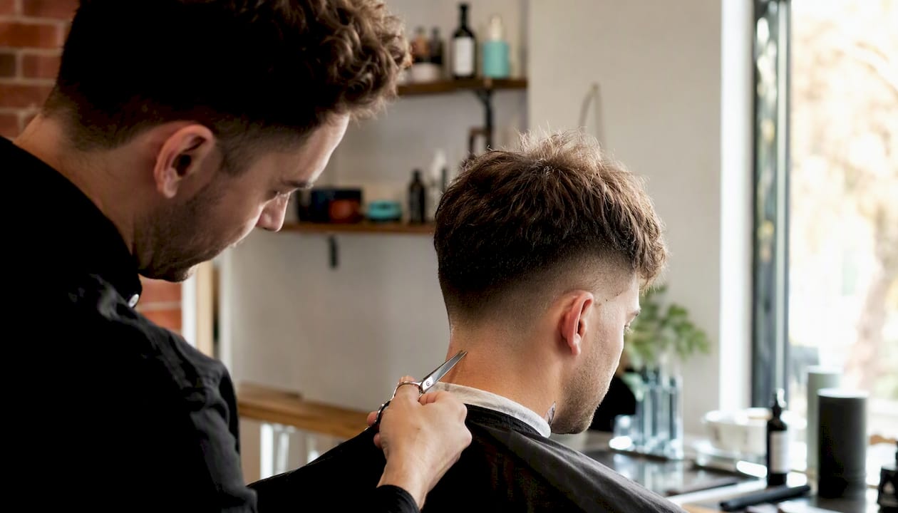Barber práve strihá zákazníkovi moderný účes so stupňovitým prechodom.