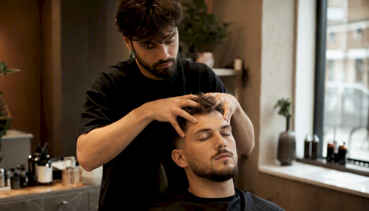 Barber zákazníkovi masíruje pokožku hlavy