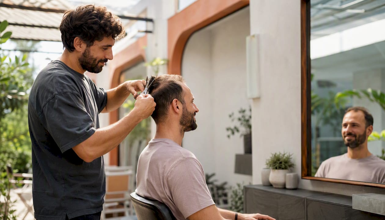 Kaderník upravuje jemné vlasy v štýlovom barbershope