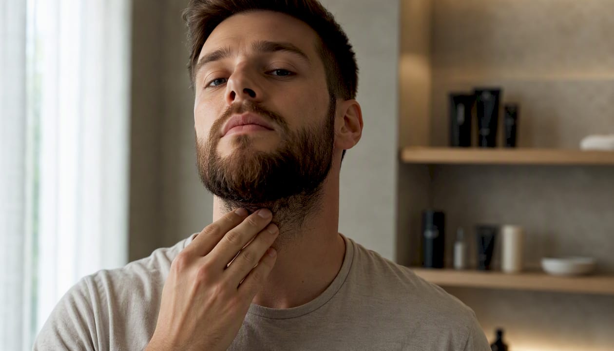 Muž si nanáša prípravok proti lupinám v brade.