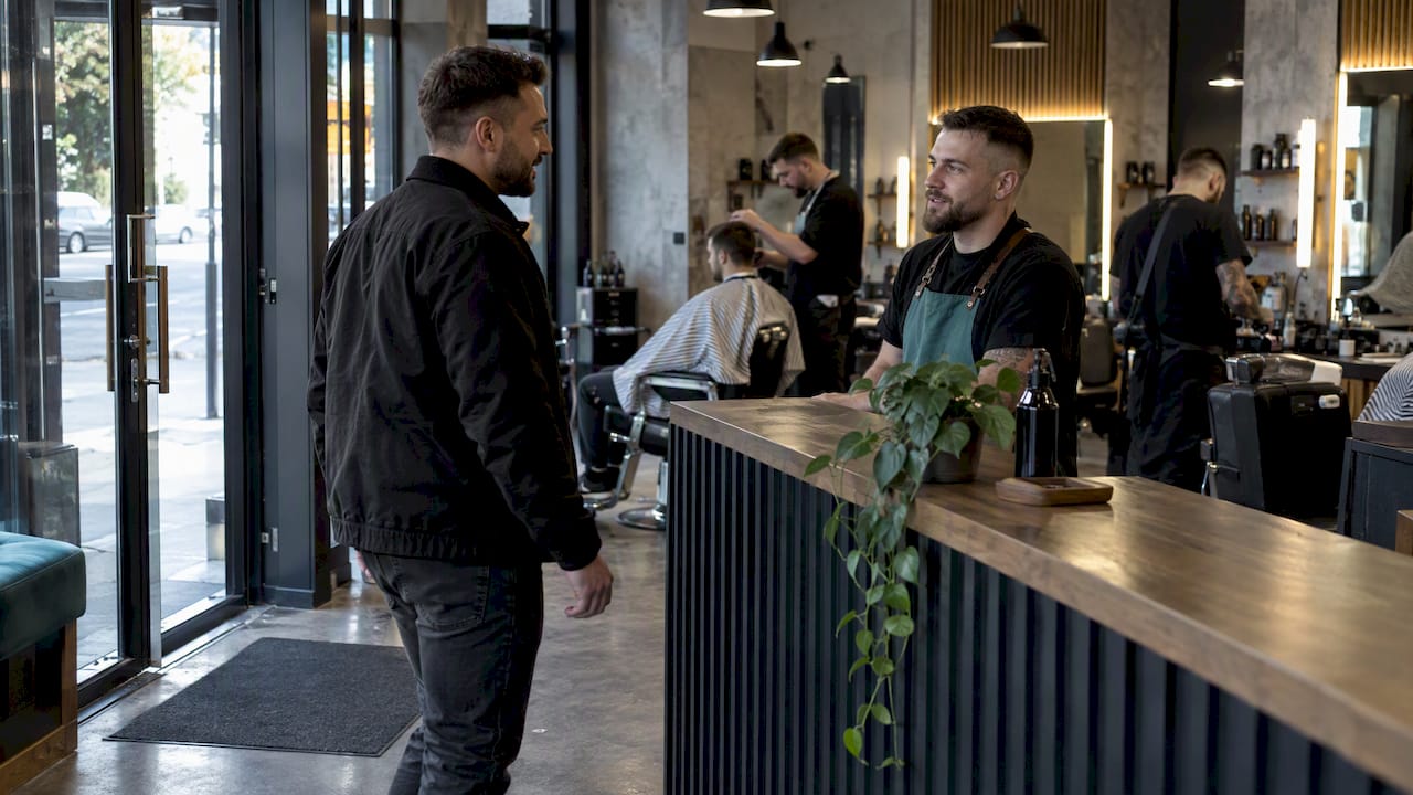 Zákazník prichádza do moderného barbershopu