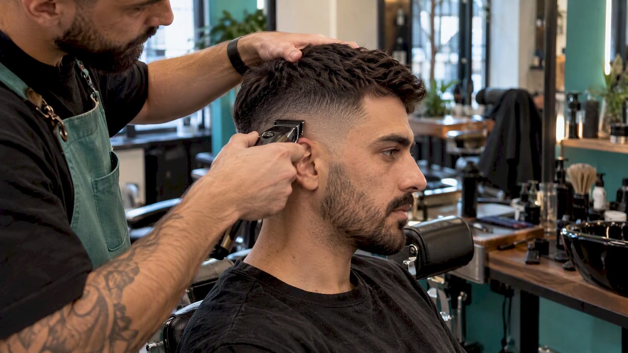 Kaderník dokončuje pánsky shadow fade strih