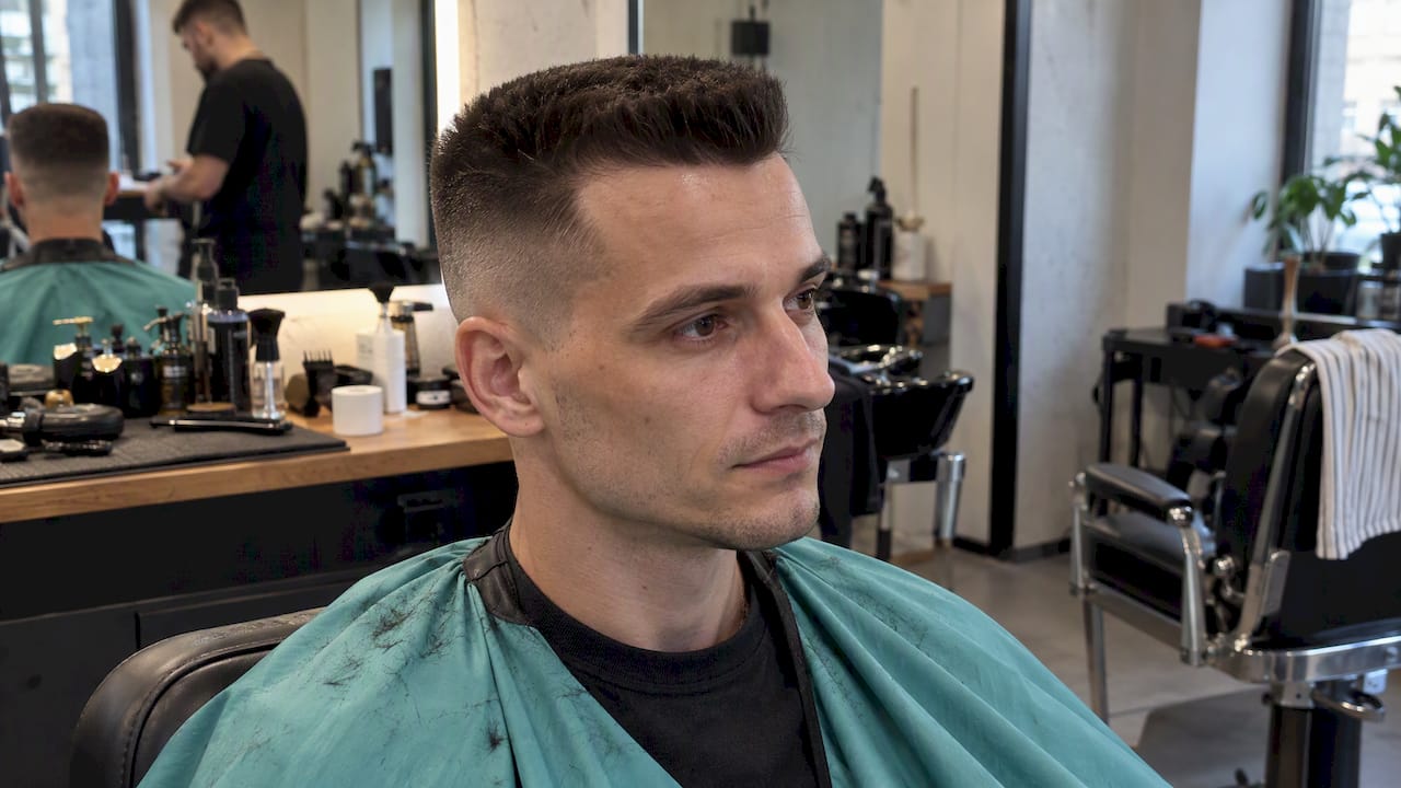 Muž s presne upraveným rovným vrchom vlasov