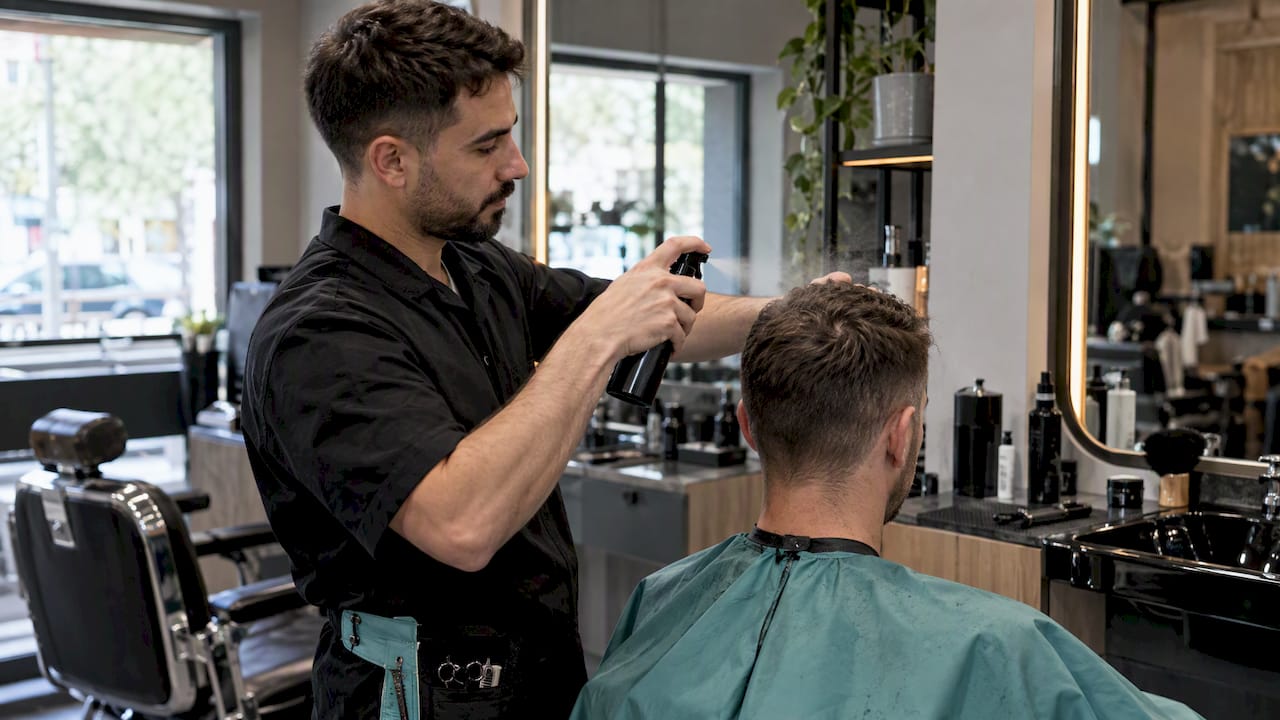 Kaderník si dáva tepelnú ochranu pred sušením vlasov fénom